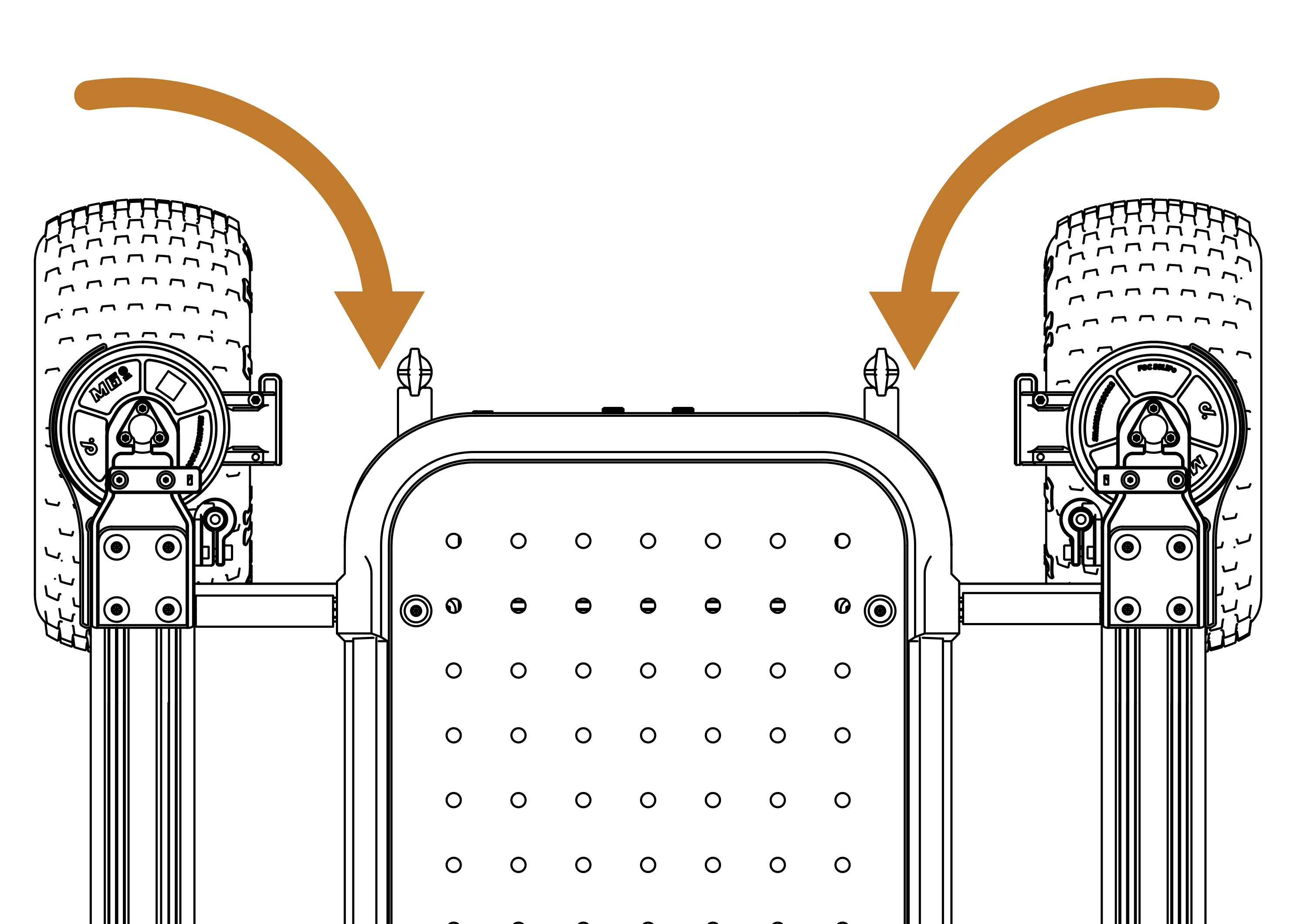 Top down view of the Raph Rover, with arrows next to the turning motors, showcasing movement during calibration